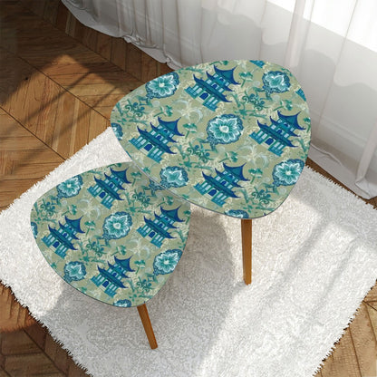 Chinoiserie Pagoda Green Blue Floral Elegant Modern Nesting Tables - Mid Century Modern Gal