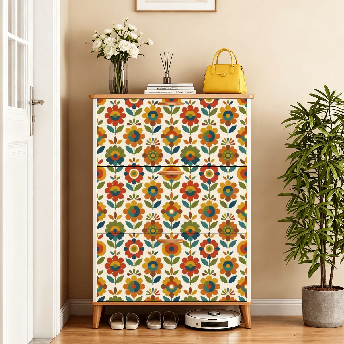 Mid Century Modern Scandinavian Floral Earth Tones Shoe Cabinet