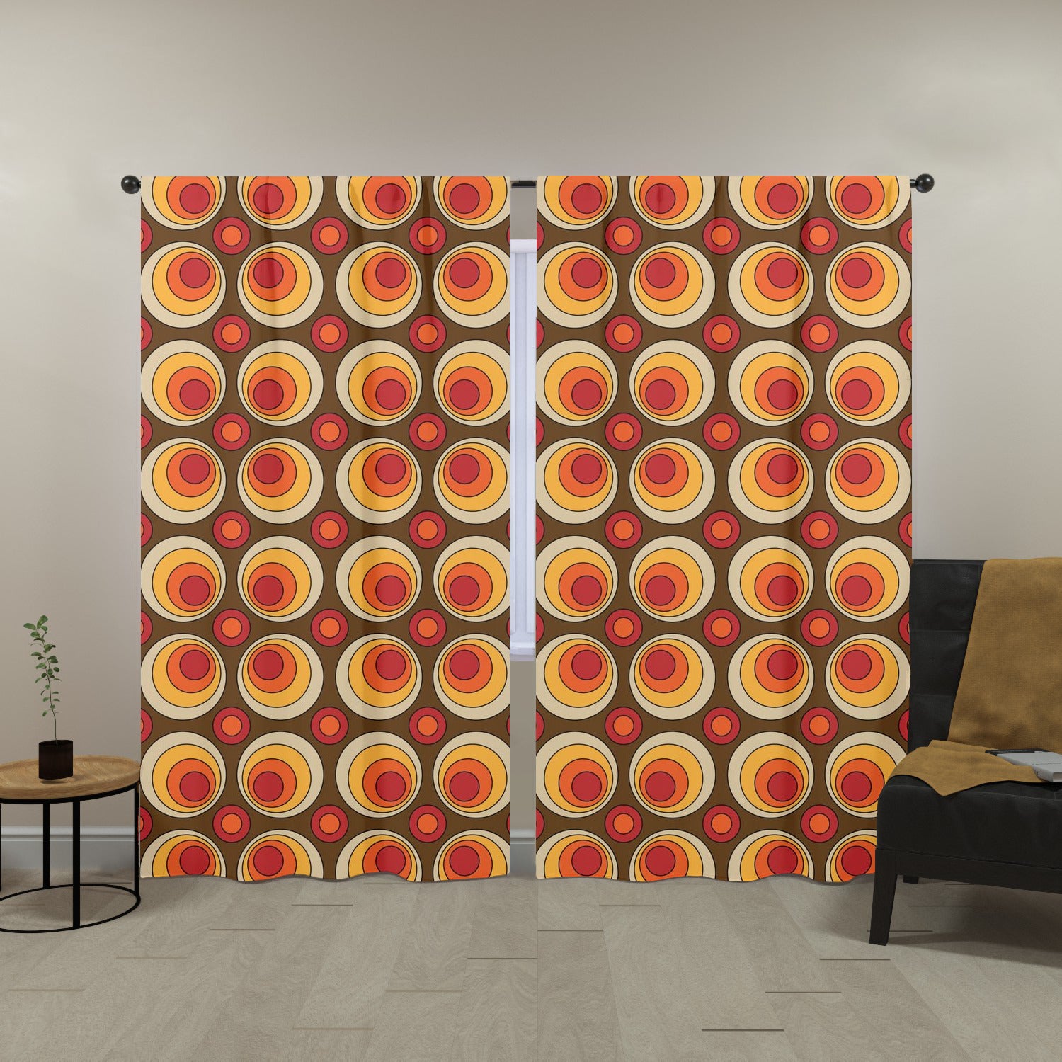 Mid Century Modern Groovy Orbs, Brown Yellow, Orange, Retro Window Curtains (two panels) - Mid Century Modern Gal