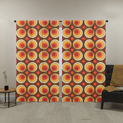 Mid Century Modern Groovy Orbs, Brown Yellow, Orange, Retro Window Curtains (two panels) - Mid Century Modern Gal