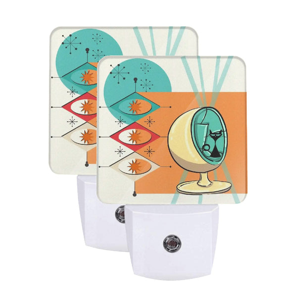 Atomic Cat In Egg Chair, Mid Mod Orange, Aqua Starburst LED Night Light Set of 2
