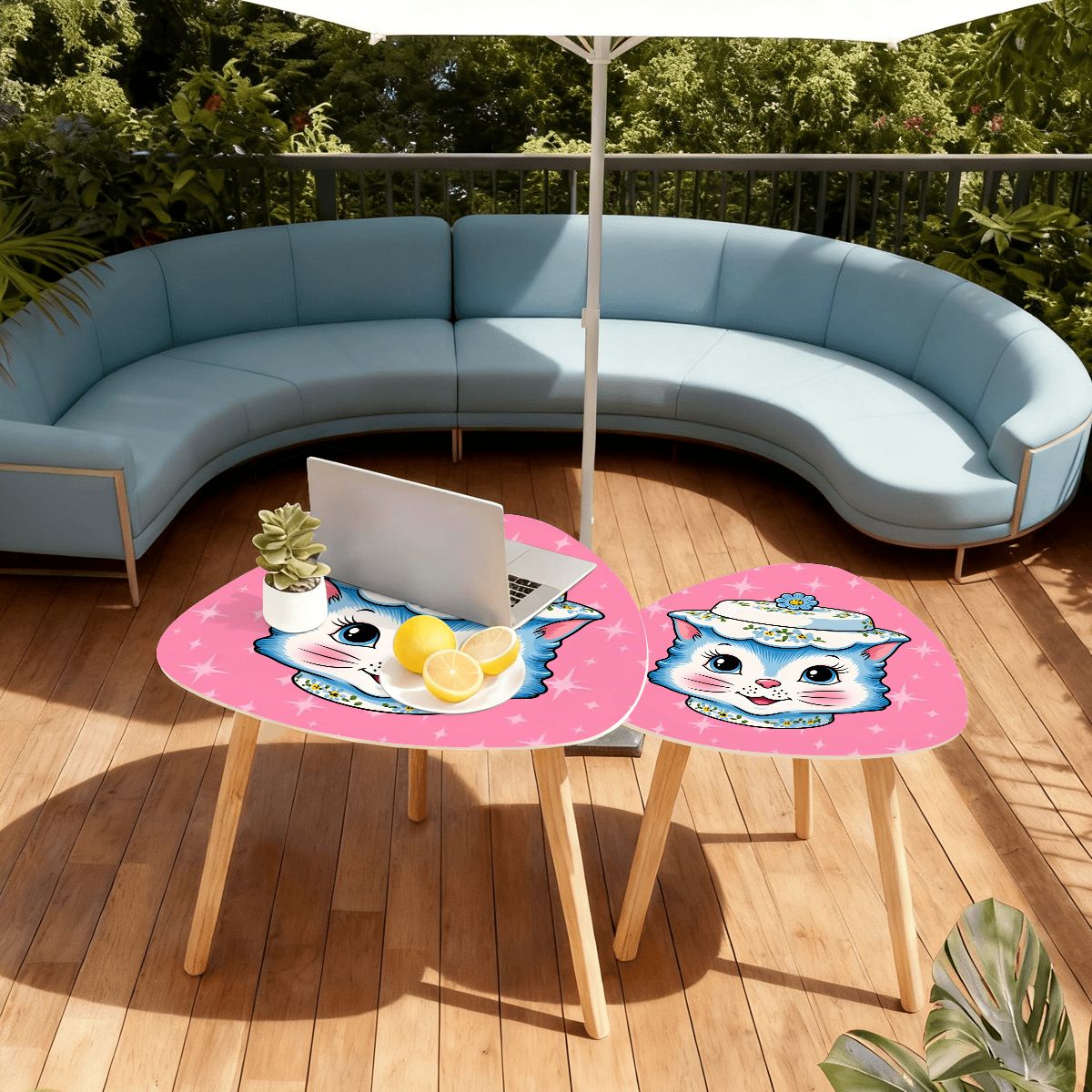 Mid Century Modern Kitschy Anthropomorphic Blue Cat with Floral Hat Nesting Tables