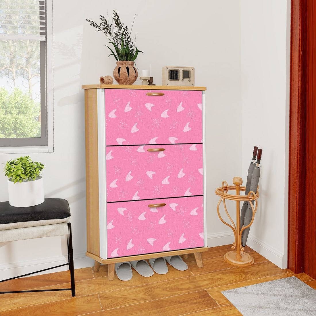 Atomic Boomerang And Starbursts Mid Mod Pink Retro Shoe Cabinet - Mid Century Modern Gal