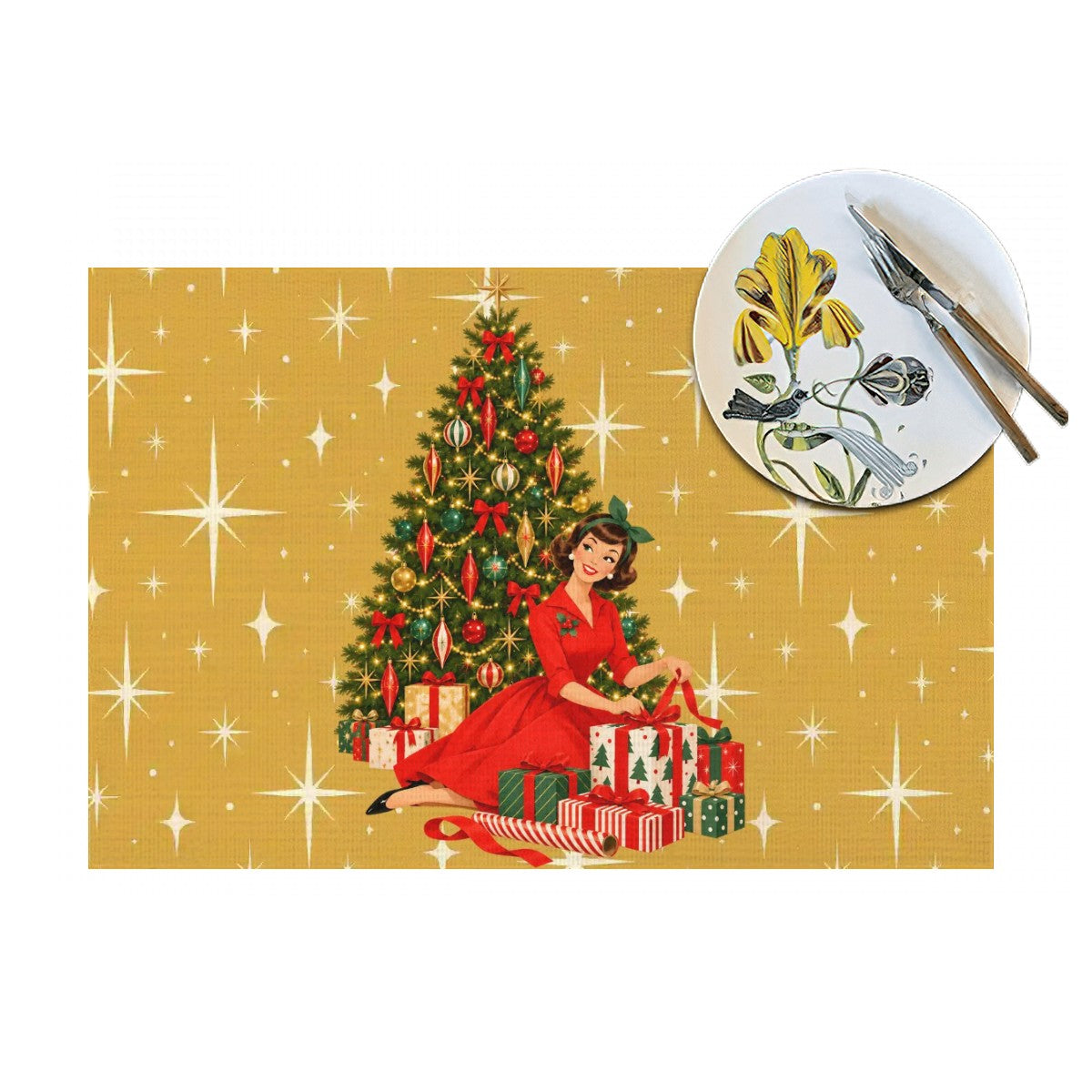 Mid Century Modern Christmas Glamour Gal Wrapping Presents by Tree, Gold Atomic Starbursts Placemat 1pc - Mid Century Modern Gal
