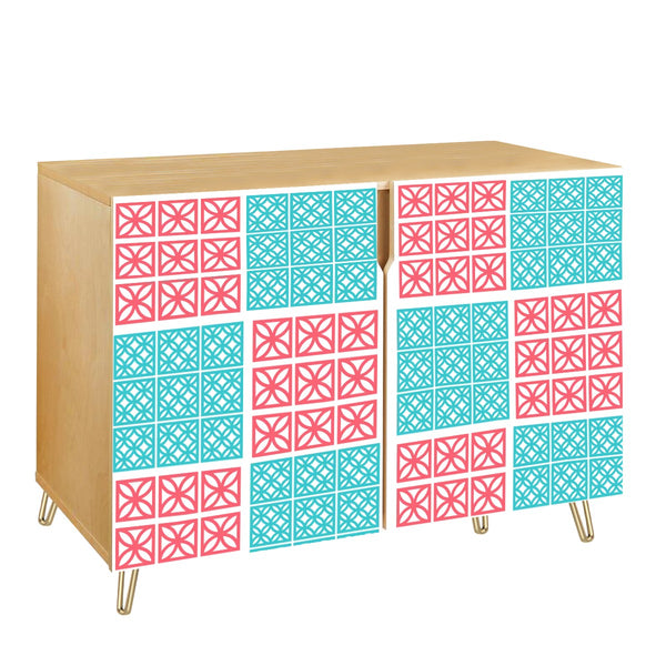 1950s Breeze Block Design, Coral, Aqua Mid Century Modern Wooden Storage Cabinet