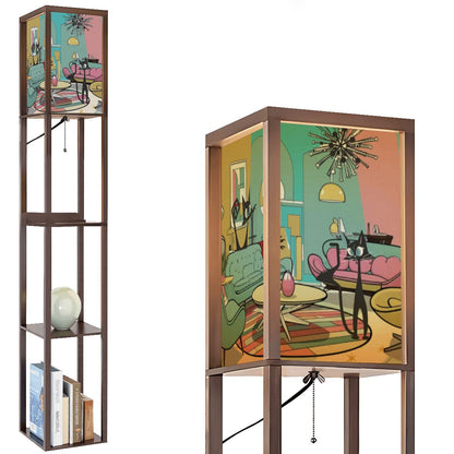 Mid Mod Retro Floor Lamp with Shelves, Adorned With Atomic Kitschy Cats In MCM Livingroom Scene - Mid Century Modern Gal