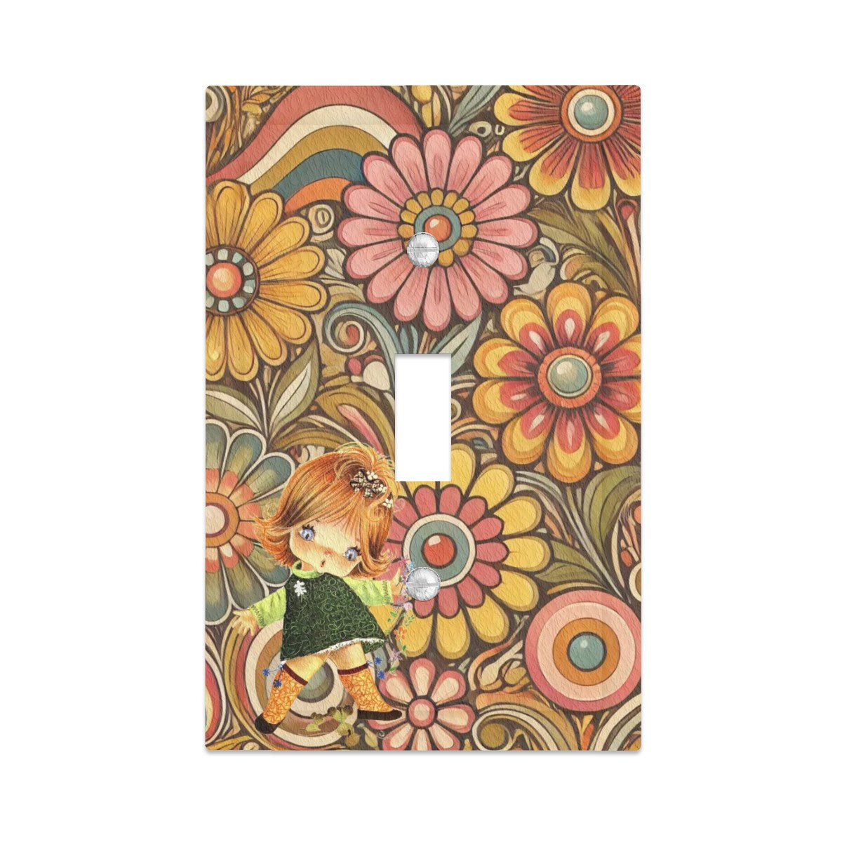 Retro Flower Power, Cute Big Eyed 70s Gal Leather Texture Switch Cover 1-Gang 1 Toggle - Mid Century Modern Gal