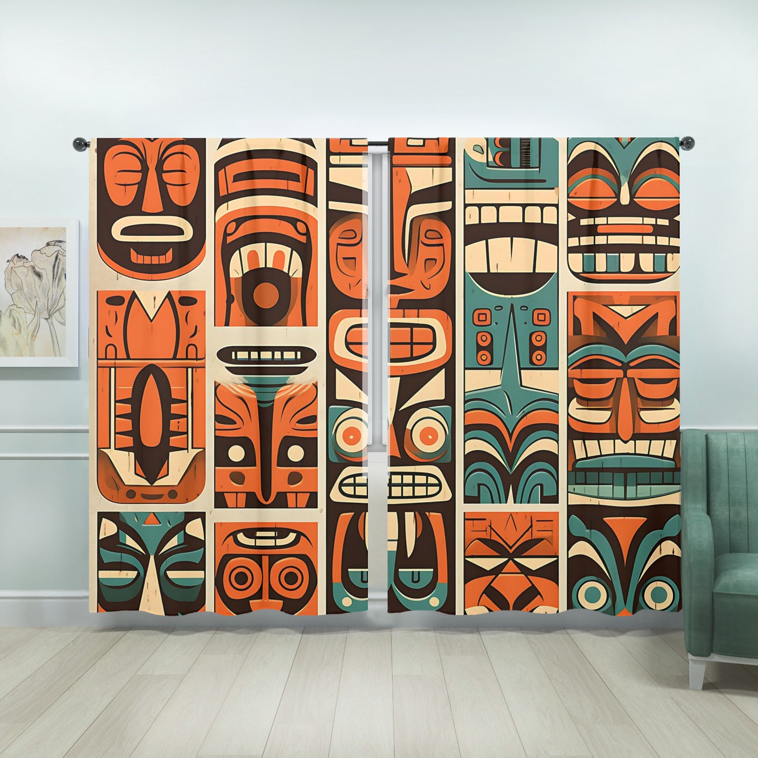 Tiki Idol Mid Mod Retro Orange, Teal Beige Window Curtains (two panels)