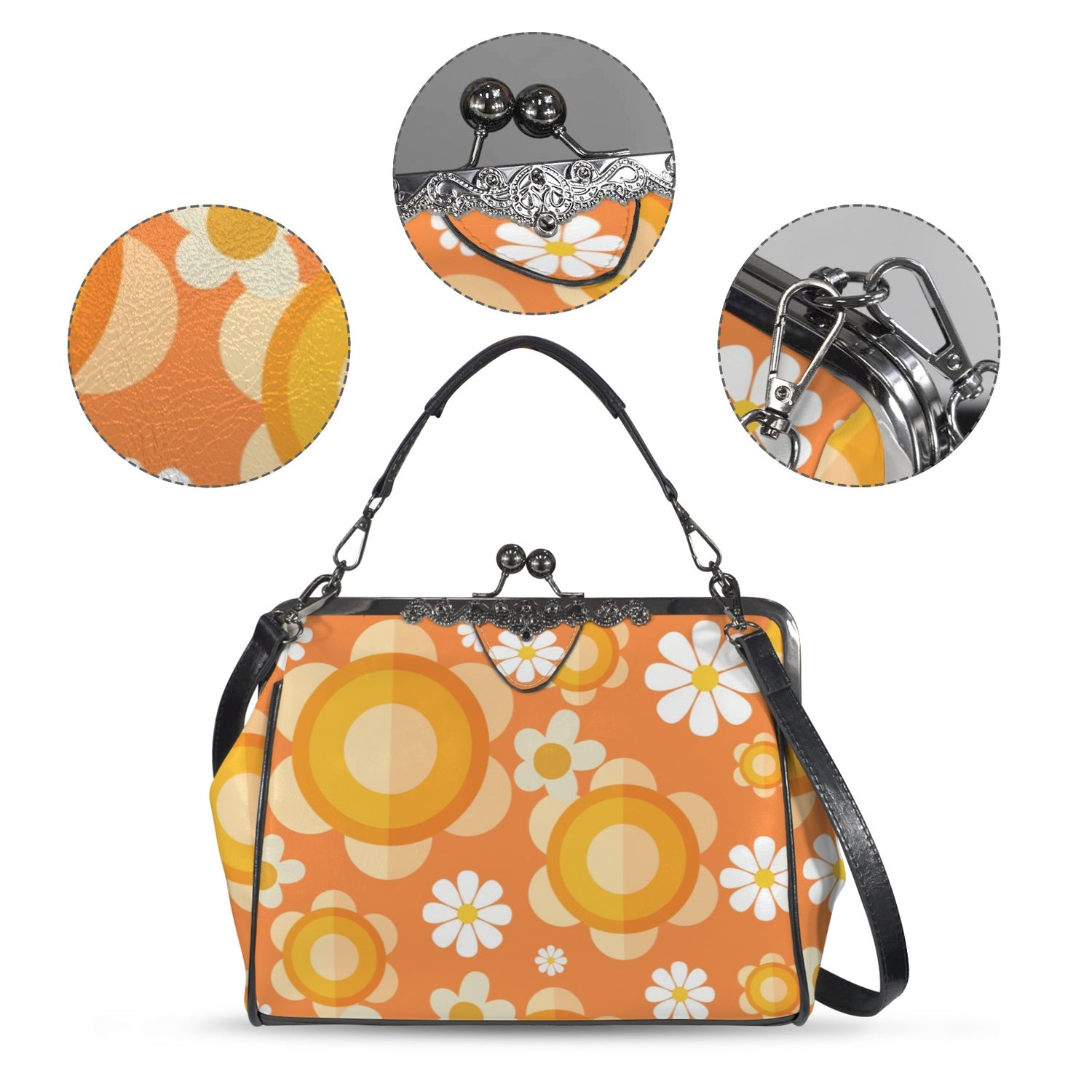 Flower Power Orange Groovy Mod Kisslock Crossbody Purse - Mid Century Modern Gal