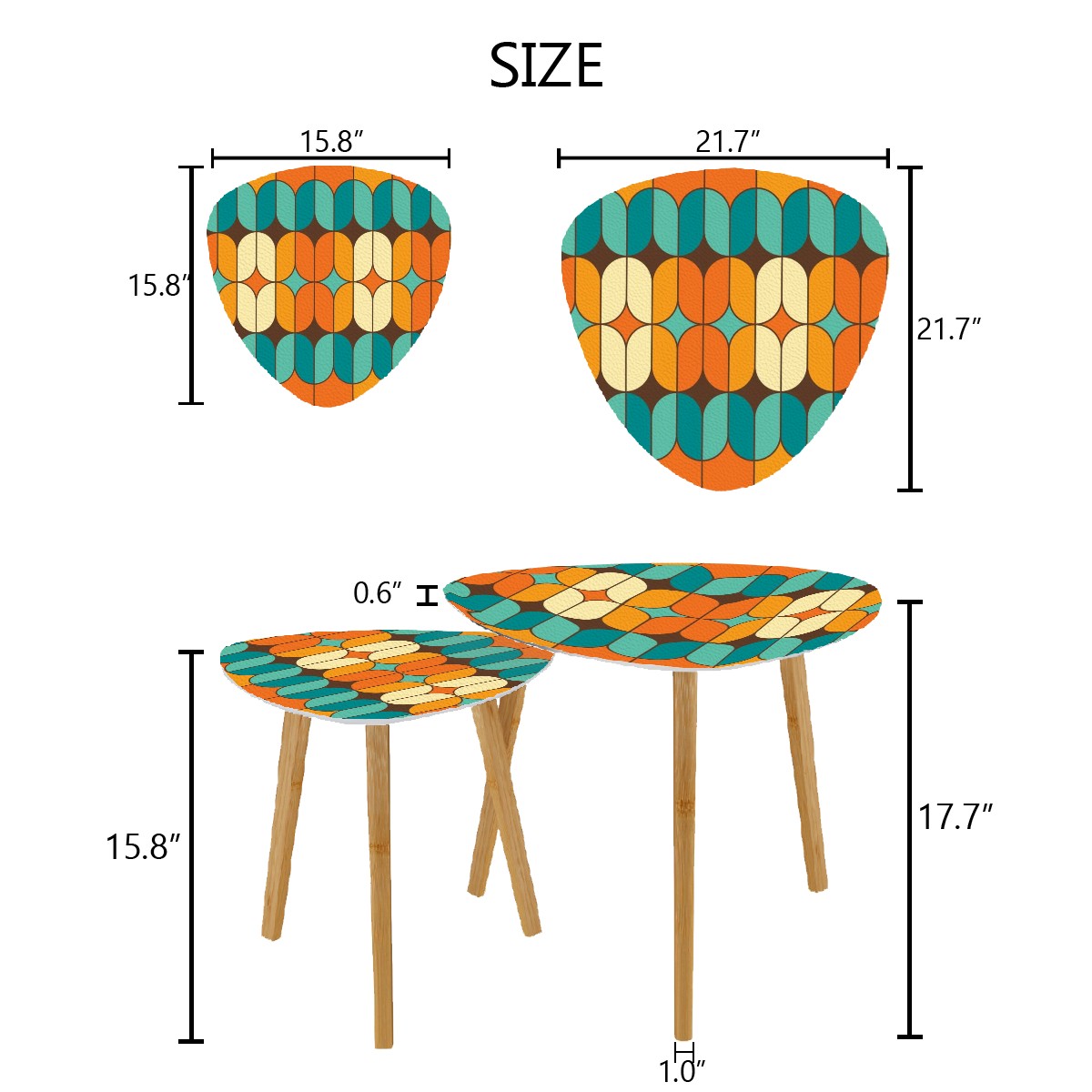 Mid Century Modern Nesting Tables, Orange Mod, Teal Geometric Designed Coffee Tables