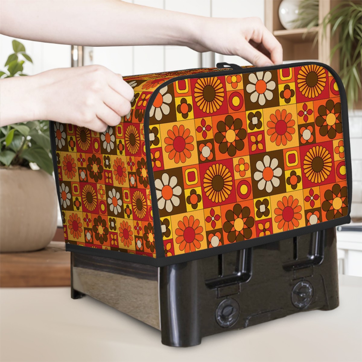 Retro 70s Flower Power Groovy Orange Brown Yellow Floral Mod 2 Slice Toaster Cover - Mid Century Modern Gal