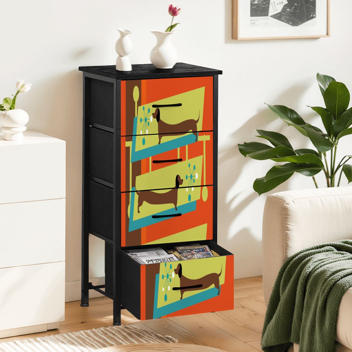 Mid Century Modern Doxie Weiner Dog Lover Retro Orange 4-Drawer Dresser - Mid Century Modern Gal