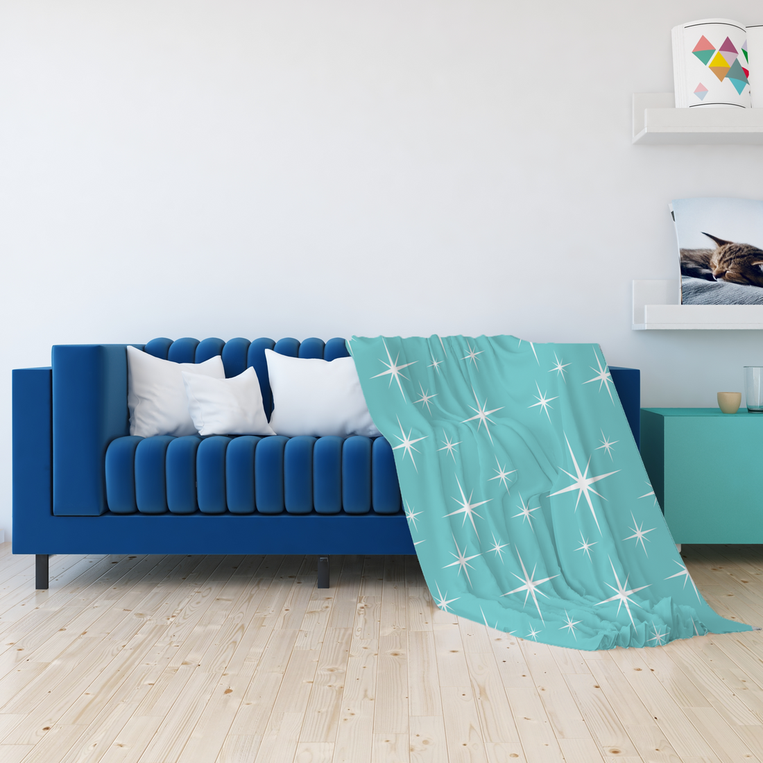 Atomic 50s Aqua Blue Starburst, Mid Century Modern Minky Blanket - Mid Century Modern Gal