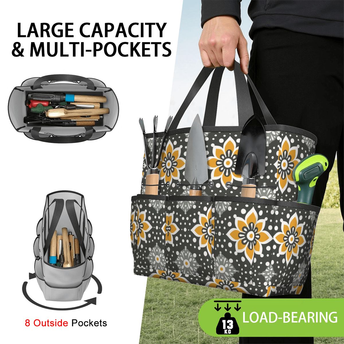 Floral Bohemian Retro Gray Yellow Modern Garden Tool Bag - Mid Century Modern Gal