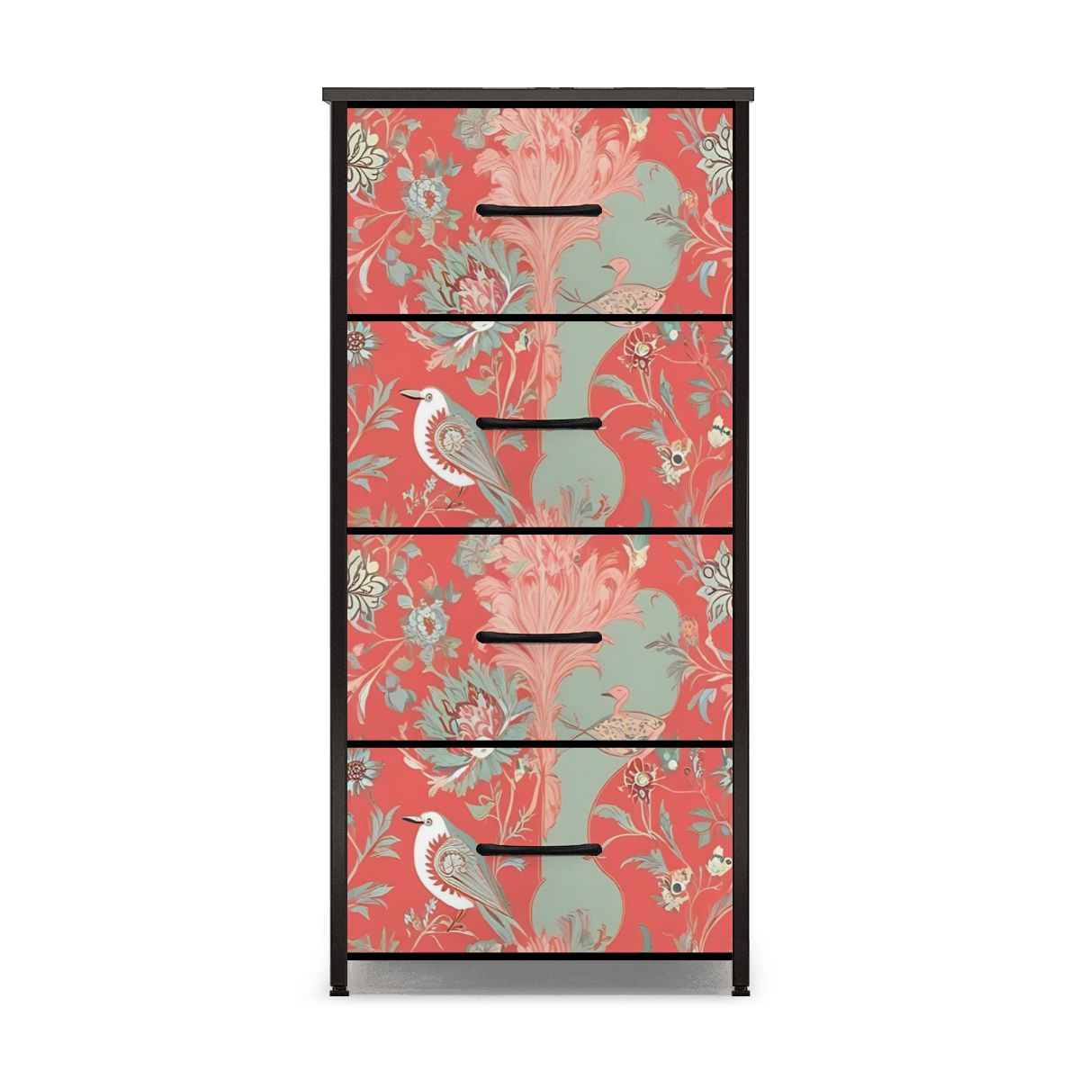 Chinoiserie Botanical Floral Coral, Mint Green Bohemian Floral 4-Drawer Dresser - Mid Century Modern Gal