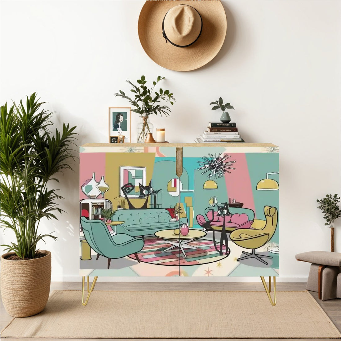 Mid Century Modern Kitschy Atomic Cats, Mod Livingroom, Credenza, TV MCM Barware Wooden Storage Cabinet - Mid Century Modern Gal
