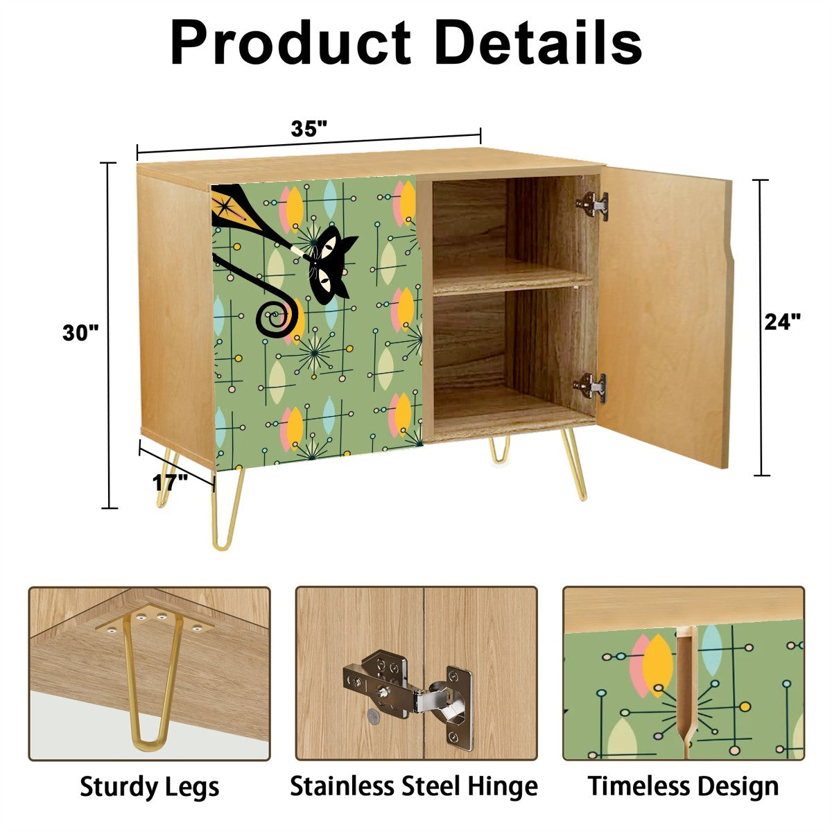 Mid Century Modern Atomic Cats, Green Starburst Retro Mod Wooden Storage Cabinet