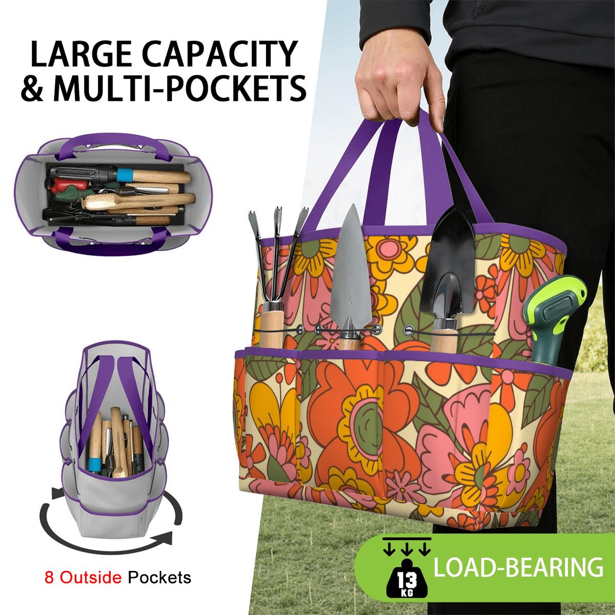 70s Retro Revival Flower Power Groovy Floral Mid Mod Garden Tool Bag