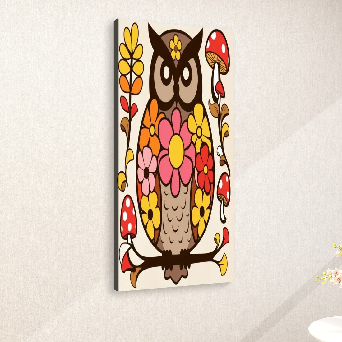 Groovy 70s Retro Owl Wall Art, Mushroom Floral Mid Mod Large Canvas Art - Mid Century Modern Gal