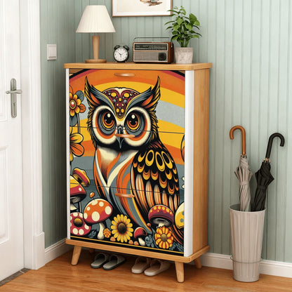1970s Owl Decor, Mushroom And Floral, Groovy Mid Mod Shoe Storage Cabinet - Mid Century Modern Gal