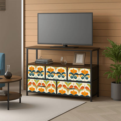 Mid Century Modern Groovy Retro Floral, Orange Green, Blue TV Stand Media Console - Mid Century Modern Gal