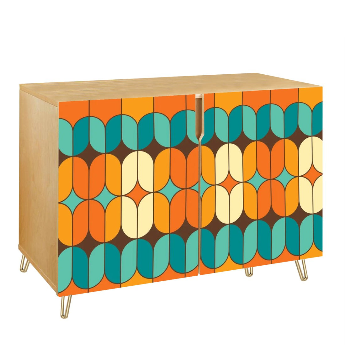 Mid Century Modern Wooden Storage Cabinet, Orage, Teal Geometric Designed Side Board