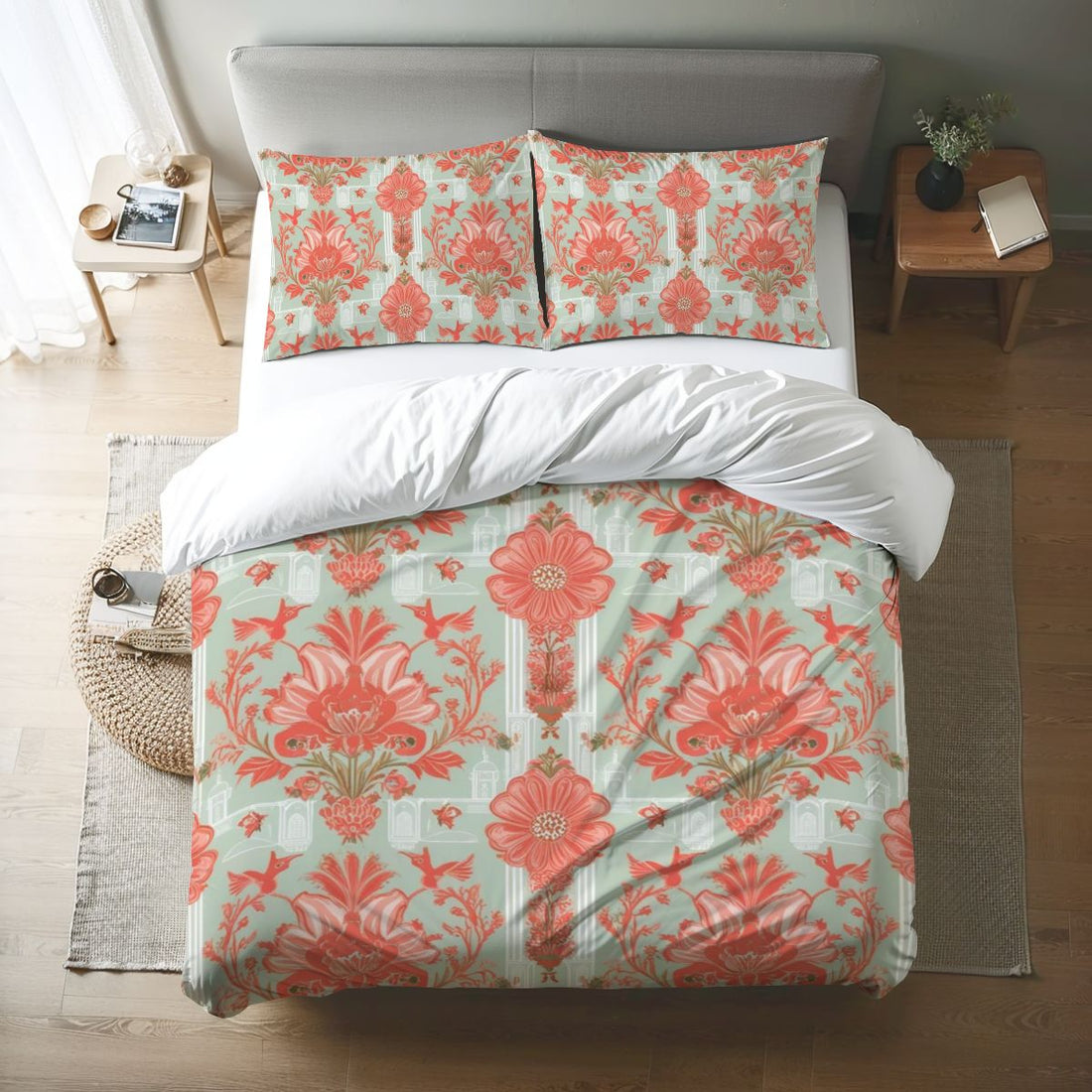 Floral Chinoiserie Elegant Modern Coral, Light Green Queen Duvet Cover Set - Mid Century Modern Gal