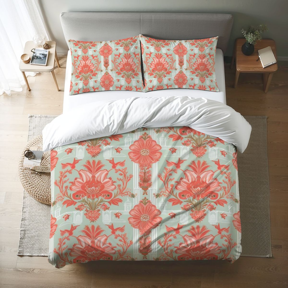 Floral Chinoiserie Elegant Modern Coral, Light Green Queen Duvet Cover Set - Mid Century Modern Gal