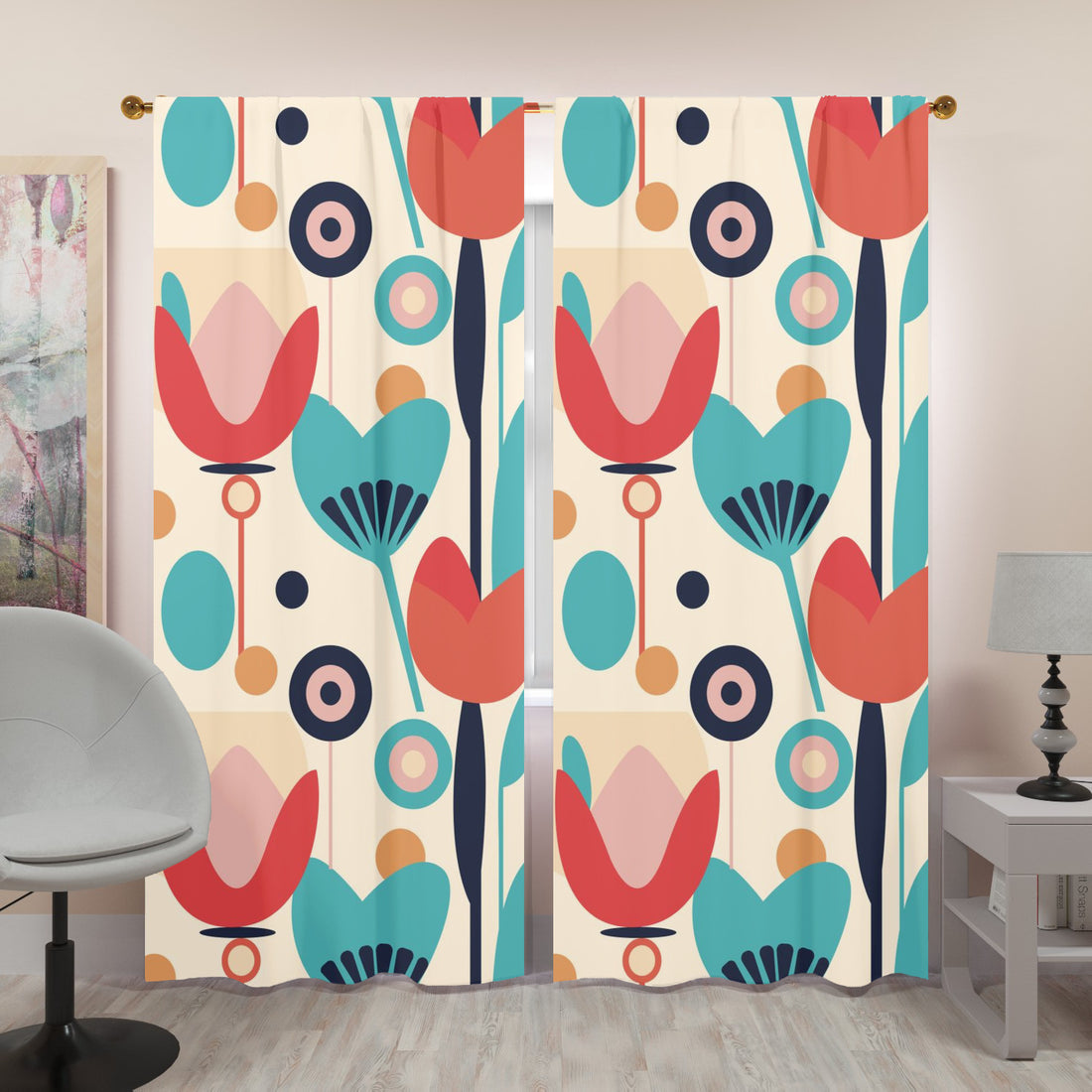 Retro Scandinavian Floral Mid Mod Window Curtains (two panels) - Mid Century Modern Gal