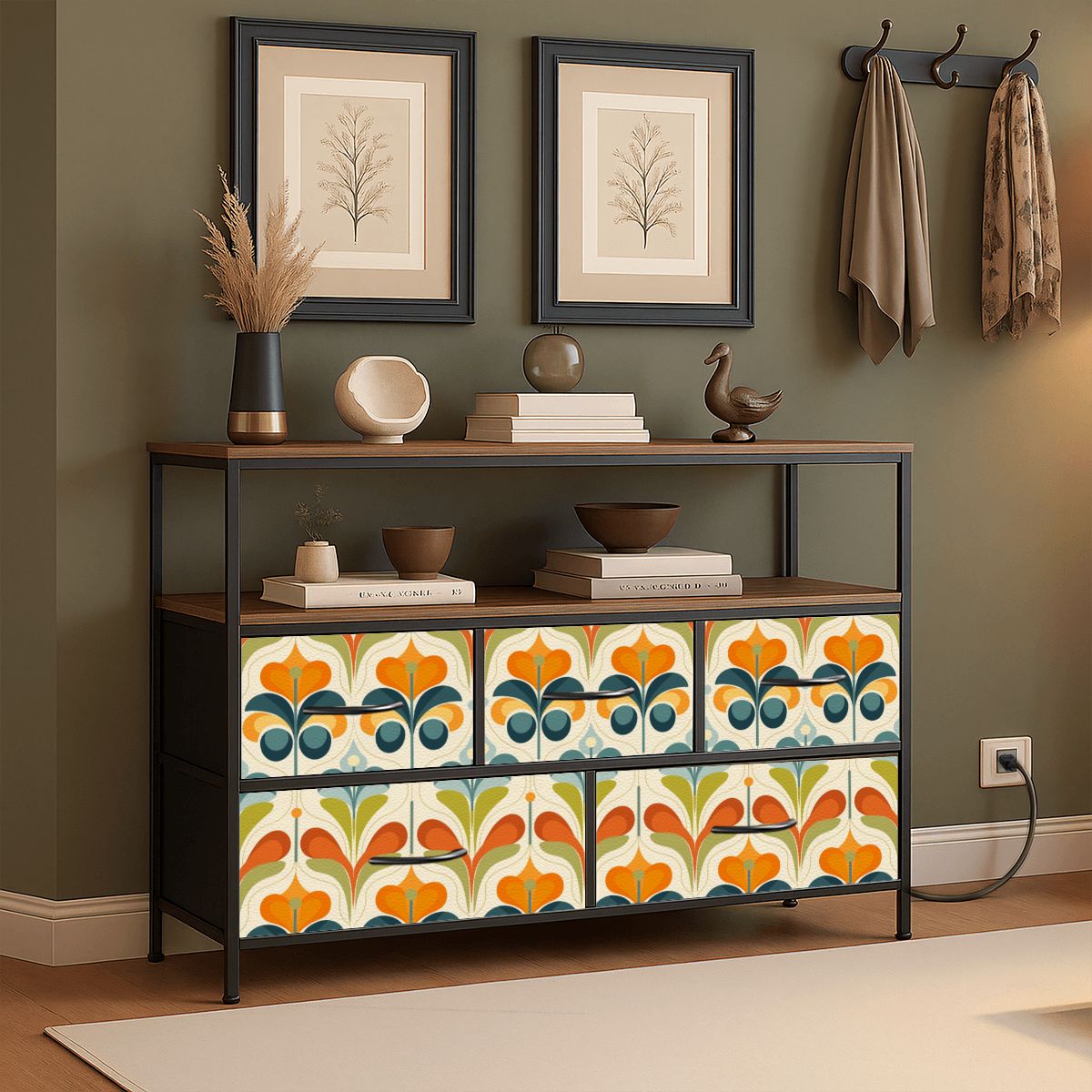 Mid Century Modern Groovy Retro Floral, Orange Green, Blue TV Stand Media Console - Mid Century Modern Gal