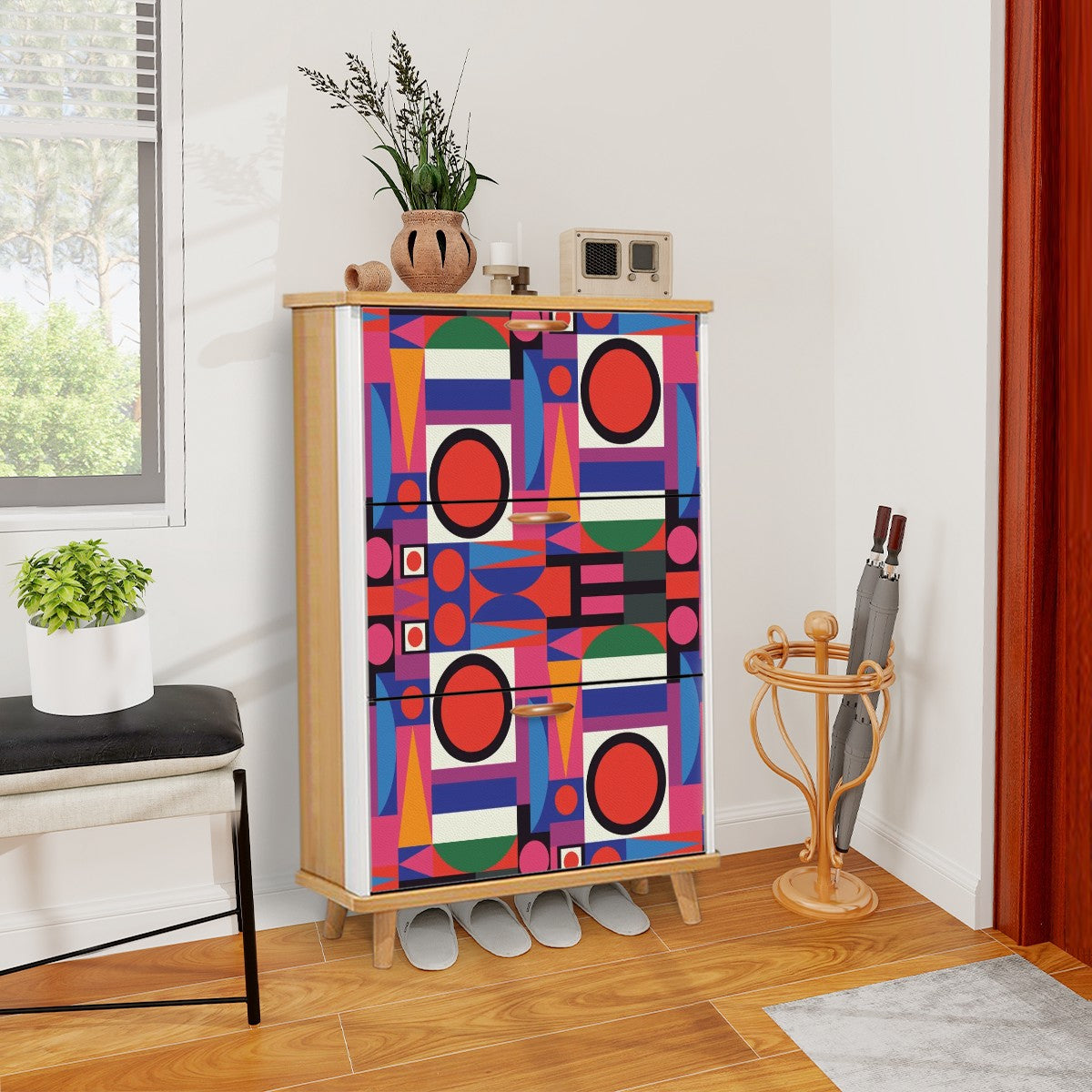 Mid Century Modern Shoe Cabinet, Bauhaus Designed Geometric Mod Furniture Storage Organization - Mid Century Modern Gal