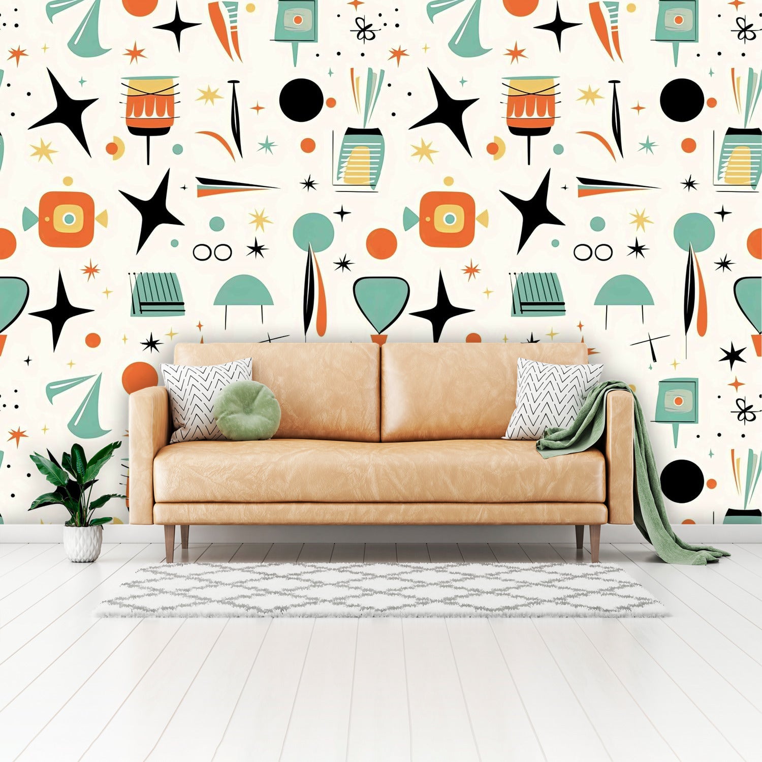 Mid Century Modern Wallpaper Wall Murals, Peel And Stick Starbursts Retro Designs - Mid Century Modern Gal