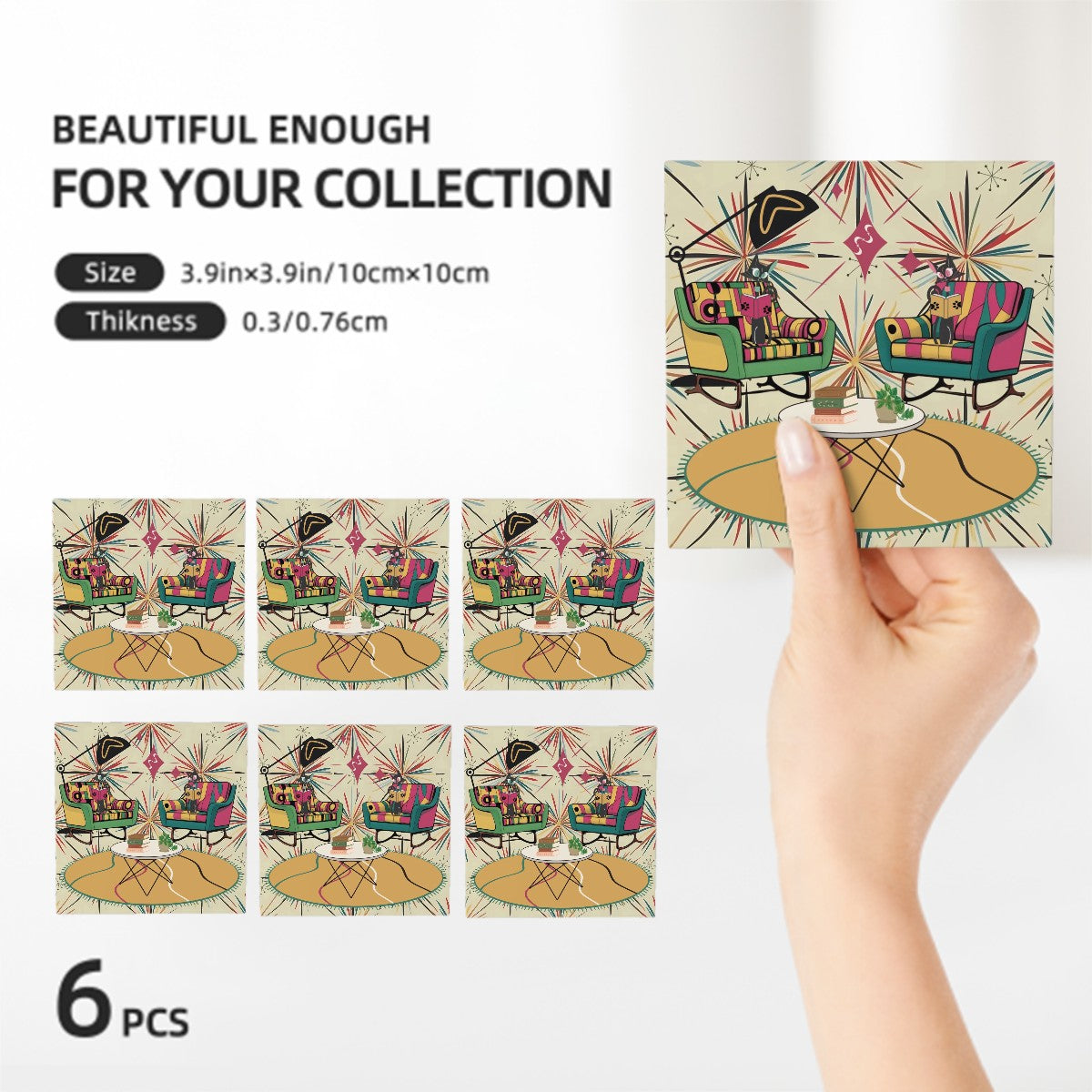 Atomic Reading Cats, Kitschy Mid Century Modern Square Ceramic Coasters 6 pcs - Mid Century Modern Gal