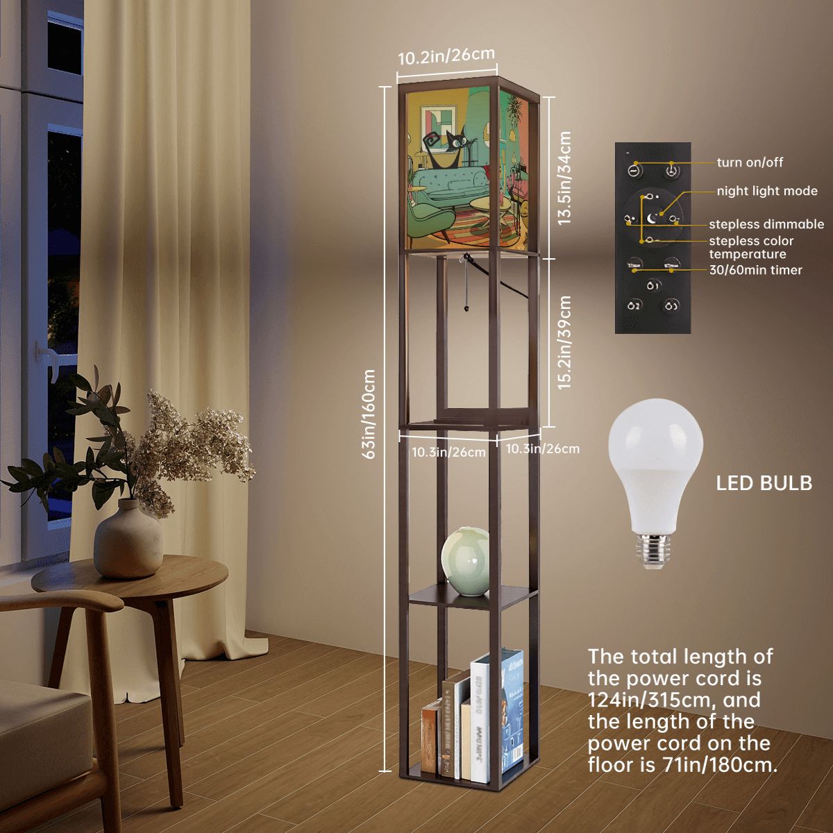 Mid Mod Retro Floor Lamp with Shelves, Adorned With Atomic Kitschy Cats In MCM Livingroom Scene - Mid Century Modern Gal