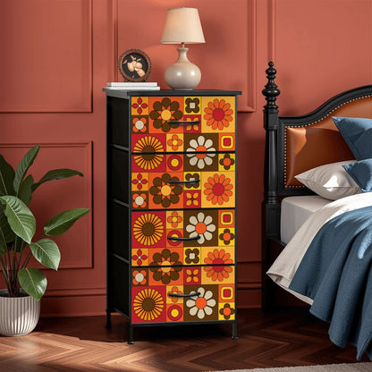 Retro 70s Mod Floral Orange Brown Yellow Mid Mod Hip 4-Drawer Dresser - Mid Century Modern Gal