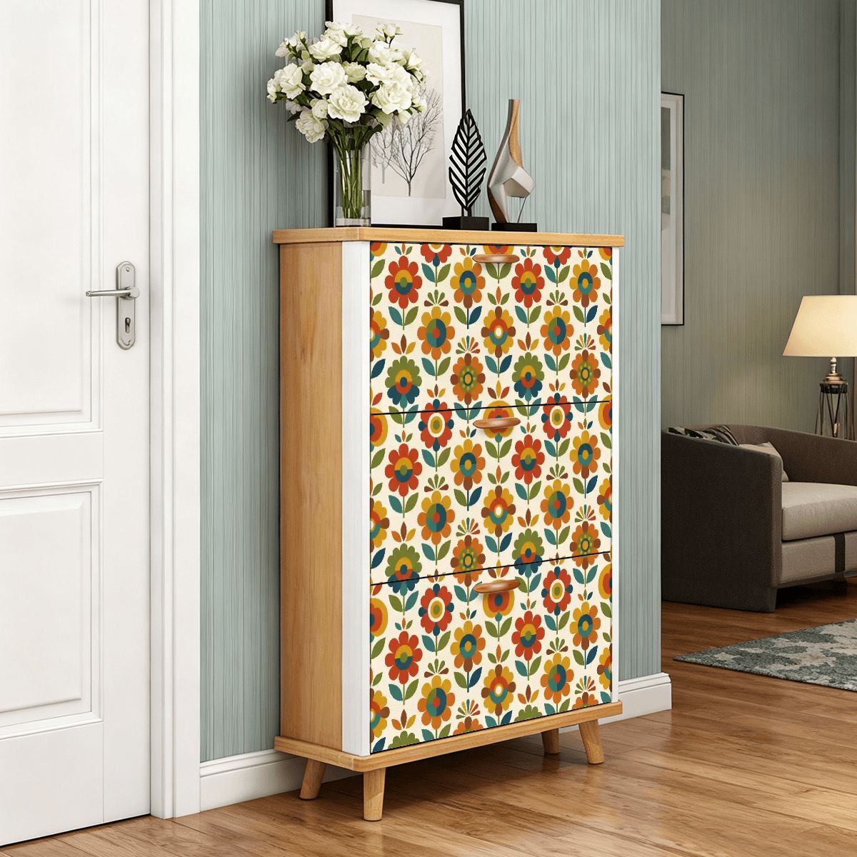 Mid Century Modern Scandinavian Floral Earth Tones Shoe Cabinet