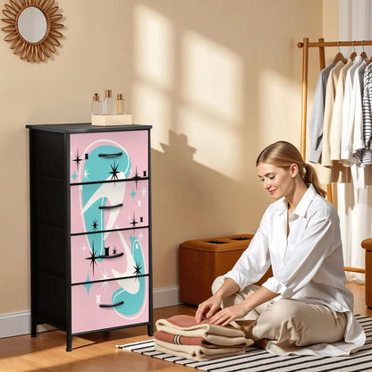 Atomic Starbursts and Boomerangs, Pink Aqua White Mid Century Modern 4-Drawer Dresser - Mid Century Modern Gal