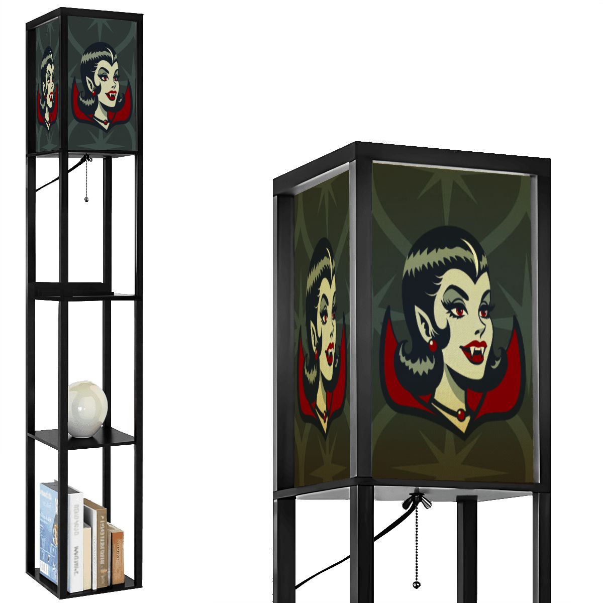 Vampire Dracula Girl Halloween Goth Horror Buff MCM Green Floor Lamp with Shelves - Mid Century Modern Gal