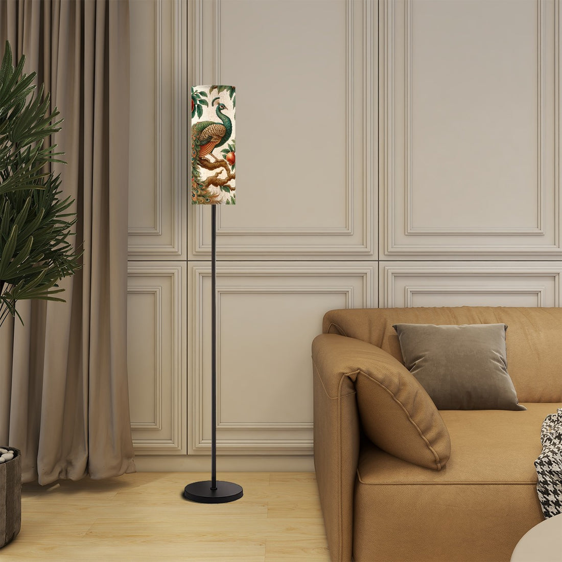 Floral Peacock Asian Infused Modern Slim Floor Lamp With Remote