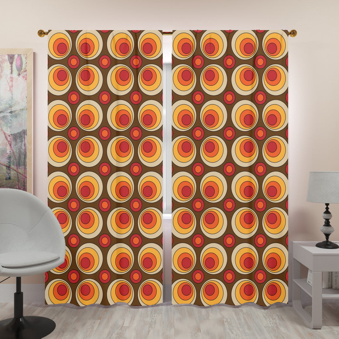 Mid Century Modern Groovy Orbs, Brown Yellow, Orange, Retro Window Curtains (two panels) - Mid Century Modern Gal