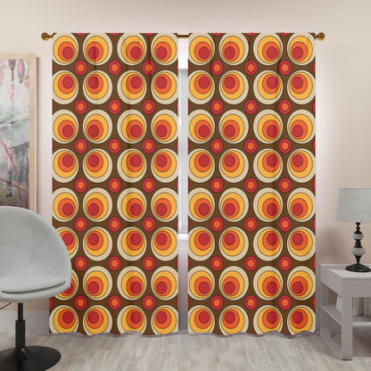 Mid Century Modern Groovy Orbs, Brown Yellow, Orange, Retro Window Curtains (two panels) - Mid Century Modern Gal