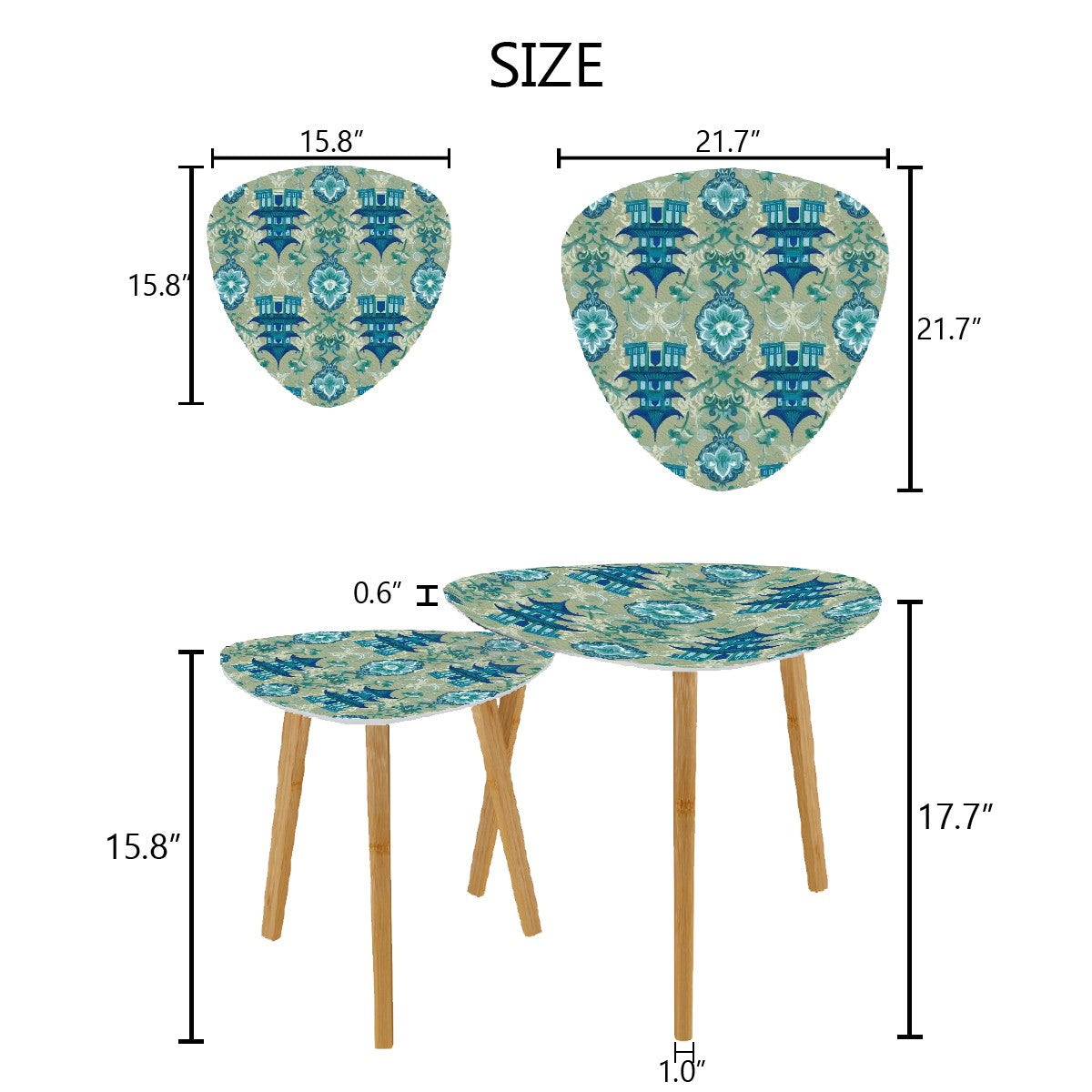 Chinoiserie Pagoda Green Blue Floral Elegant Modern Nesting Tables - Mid Century Modern Gal