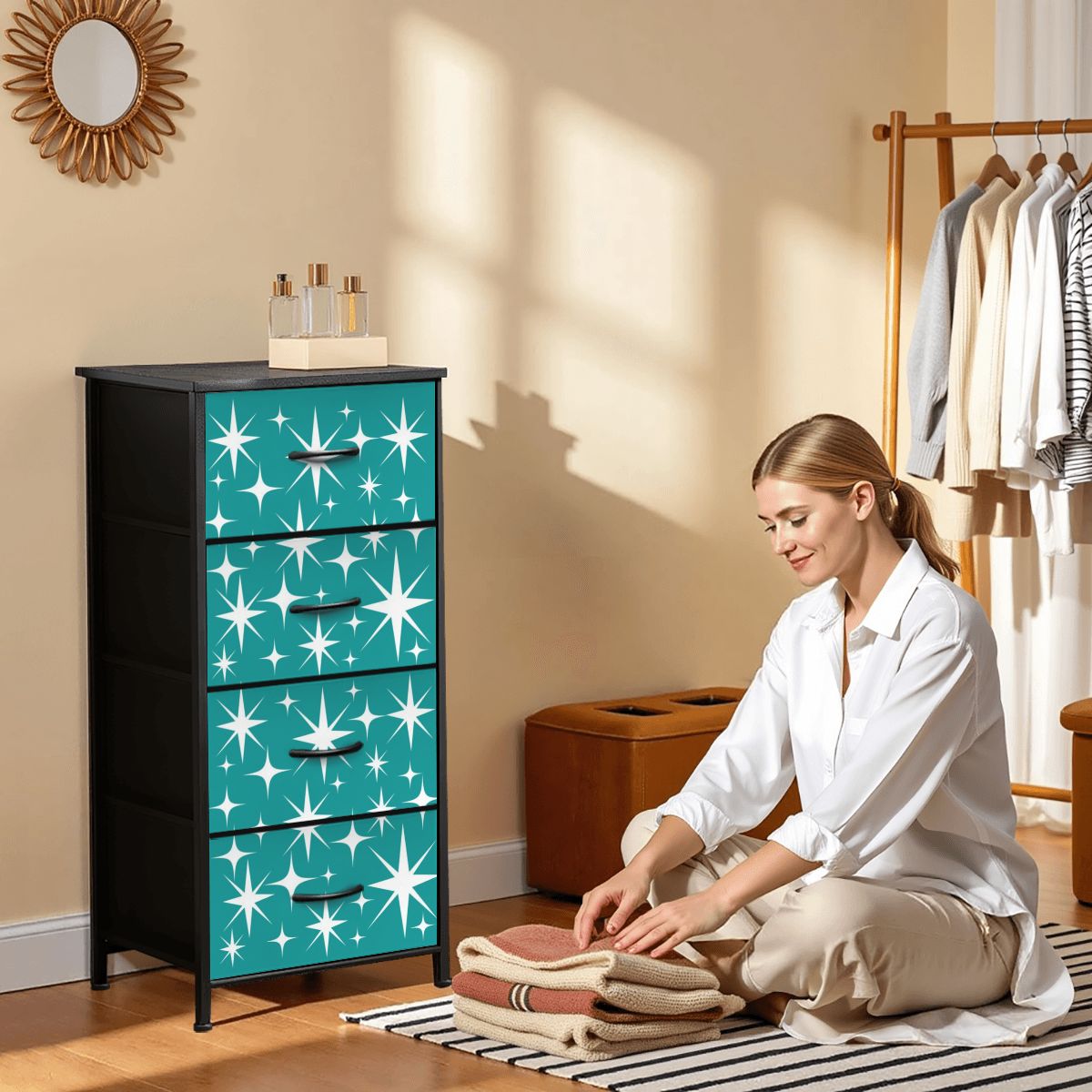 Atomic Starburst Teal White Mid Century Modern 4-Drawer Dresser - Mid Century Modern Gal