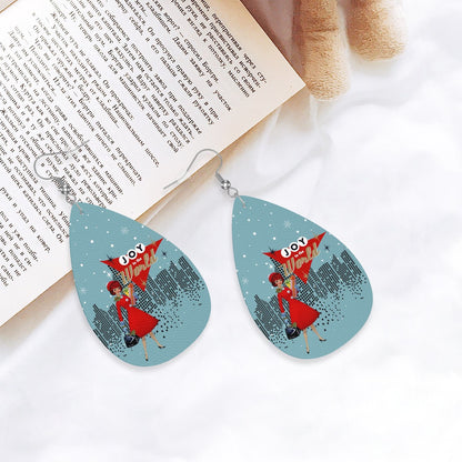 Mid Century Modern Christmas City Mod Gal Joy To The World Faux Leather Teardrop Earrings - Mid Century Modern Gal