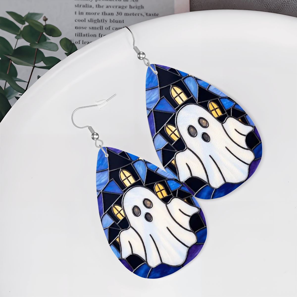 Halloween Stained Glass Style Ghost Haunted House Vegan Leather Teardrop Earrings