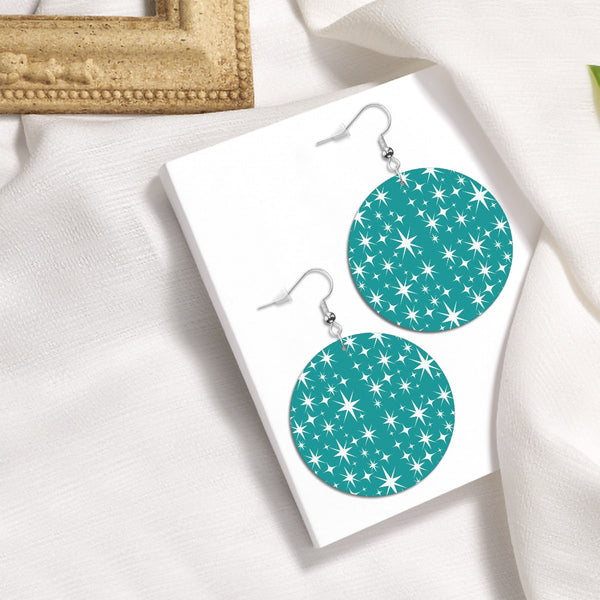 Atomic Starburt Kitschy Mod Teal Faux Leather Round Earrings
