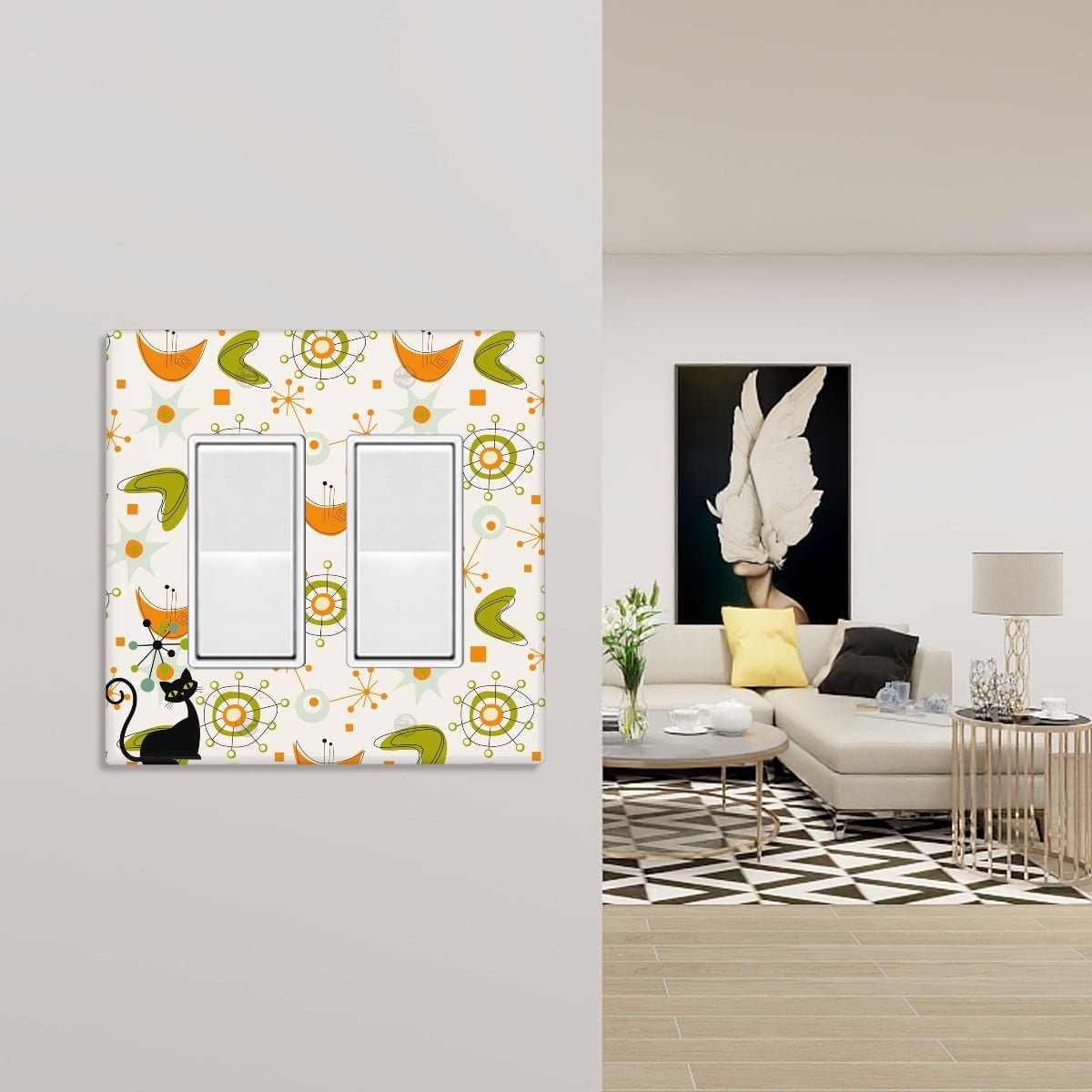 Mid Century Modern Atomic Cat Boomerang And Starburst Green, Orange Switch Cover 2-Gang 2 Decorator