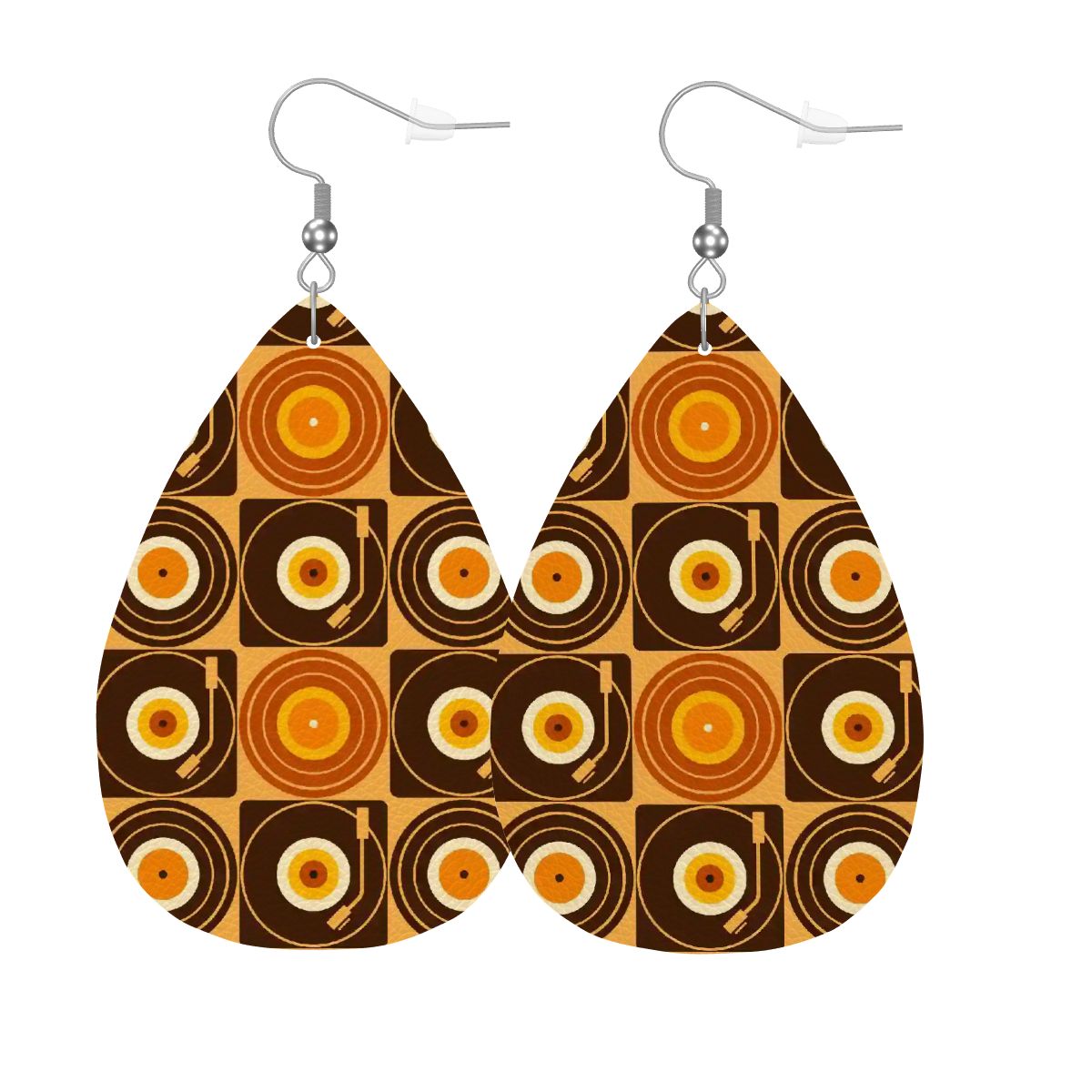 Groovy Retro Record Players, Brown Orange Yellow Vegan Leather Teardrop Earrings - Mid Century Modern Gal