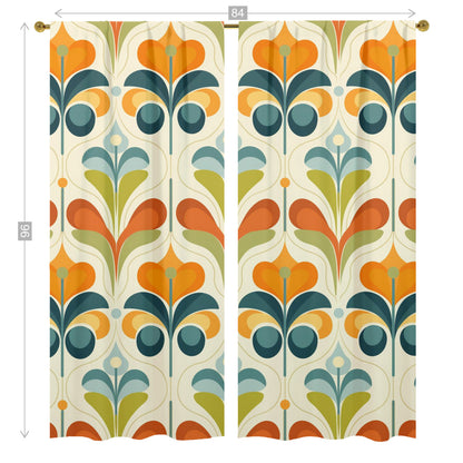 Scandinavian Flower Design, Orange, Green Blue Mid Century Modern Window Curtains (two panels) - Mid Century Modern Gal