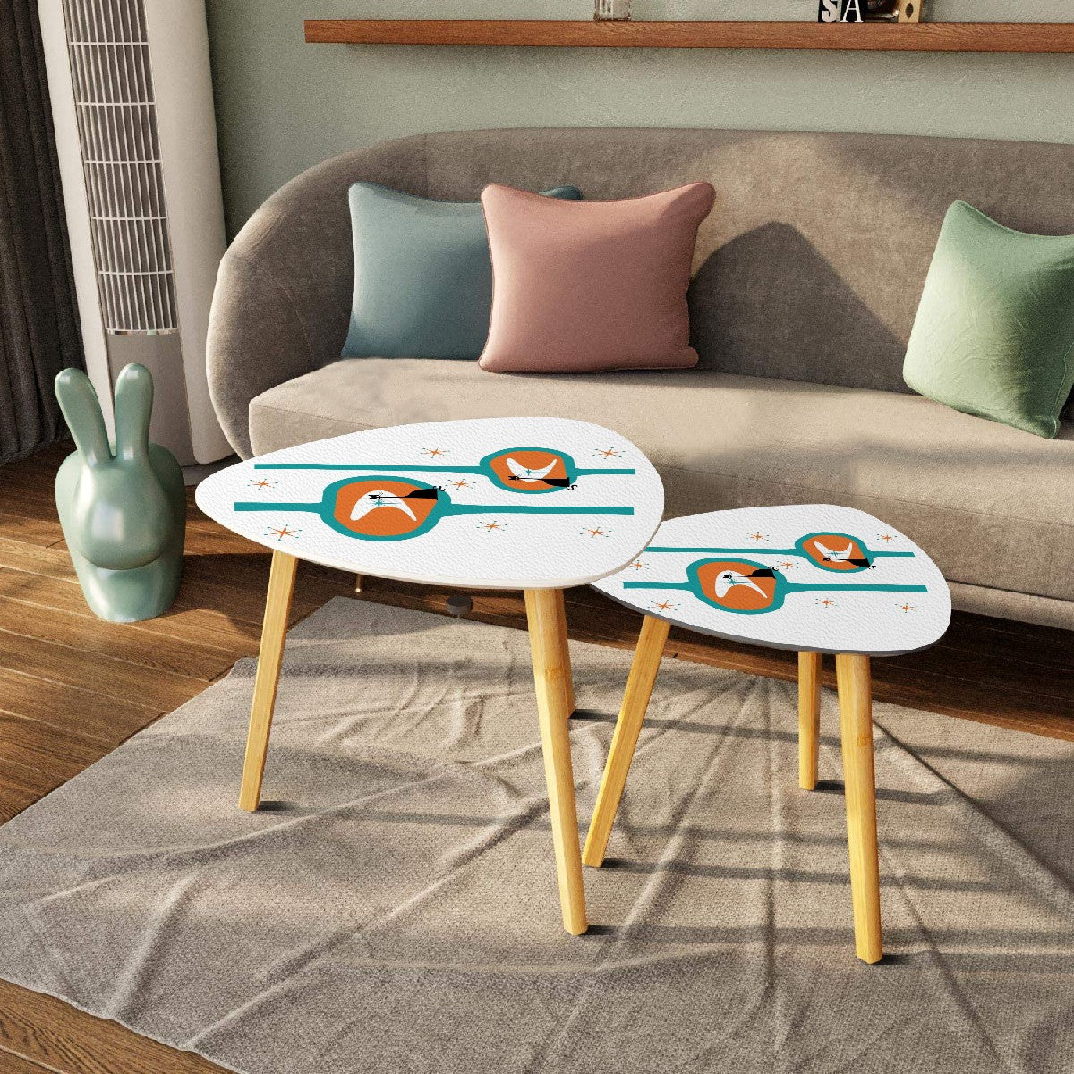 Mid Century Atomic Cats, Mod Orange, Teal Minimalist Modernist Nesting Tables - Mid Century Modern Gal